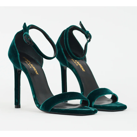 Saint Laurent Amber 105 Malachite Green Velvet Ankle Strap Sandal Pump Heel 36 - Picture 3 of 14